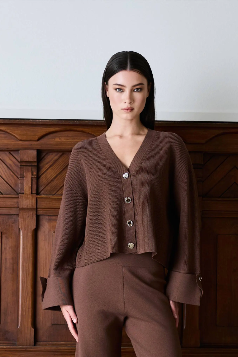 Atari Rib Cardigan Walnut Brown Cardigans
